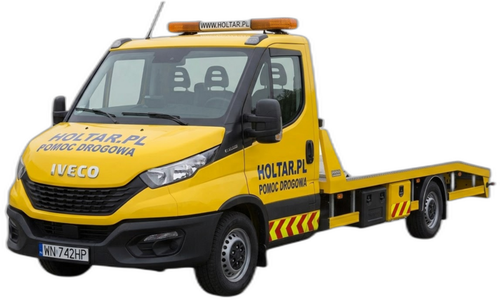 Laweta Holtar z platformą, w barwach firmy, z numerem 531 742 742